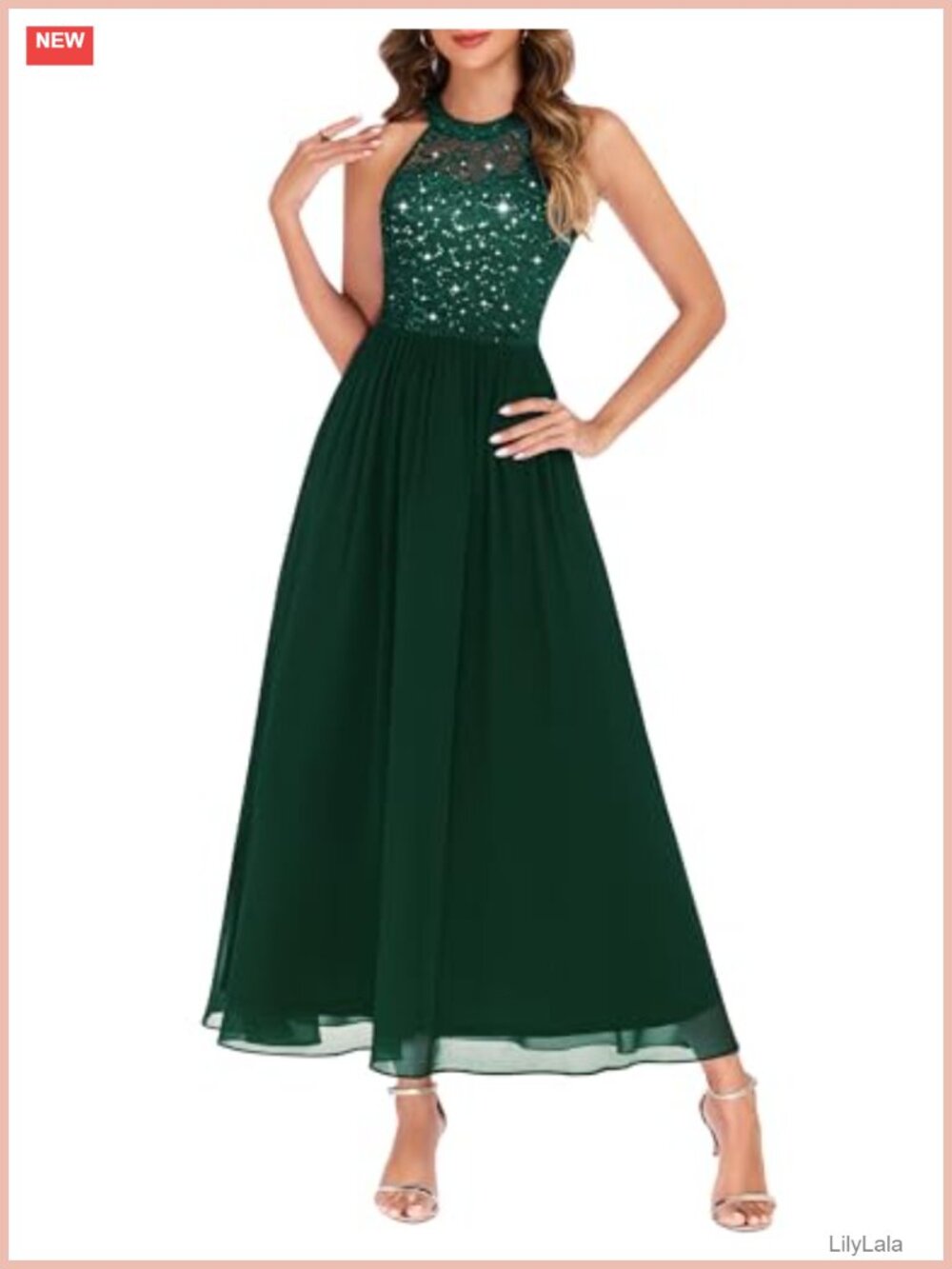 Sequin Halter Formal Maxi Dress Lace Chiffon Bridesmaid Prom Gown